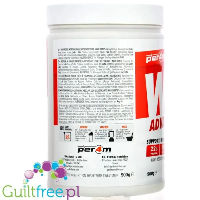 Per4m Whey Advanced Protein Strawberry Creme 900g - gęsta odżywka białkowa WPC, WPI & MPC, Krem Truskawkowy