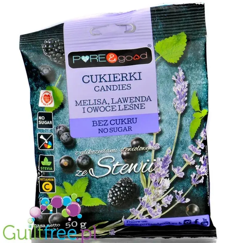 Pure & Good Melisa, Lawenda & Owoce Leśne - lawendowo-jeżynowe cukierki bez cukru ze stewią