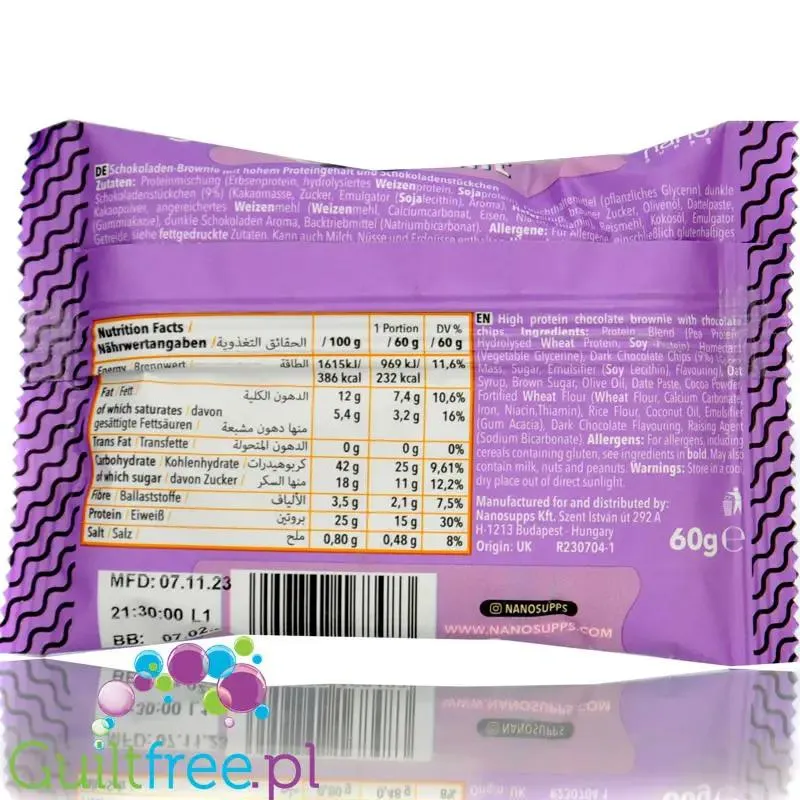 Nano A Protein Brownie Double Chocolate - wegańskie wysokobiałkowe czekoladowe brownie z kawałkami czekolady