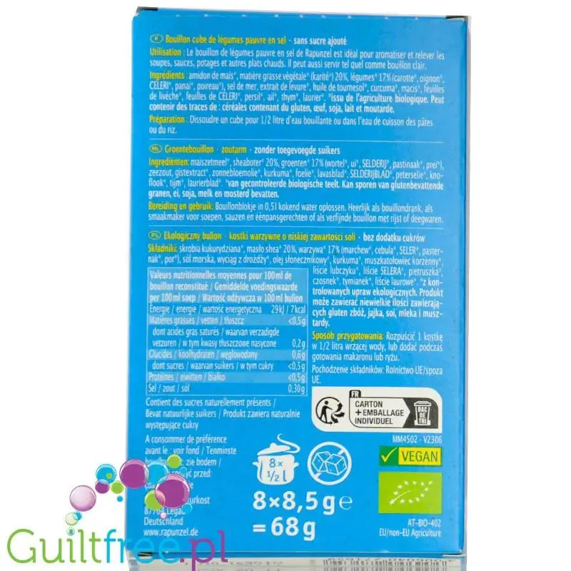 Rapunzel Bouillon Cube 8 x 8,5g - ekologiczny bulion, rosołowe kostki warzywne o niskiej zawartości soli bez dodatku cukrów