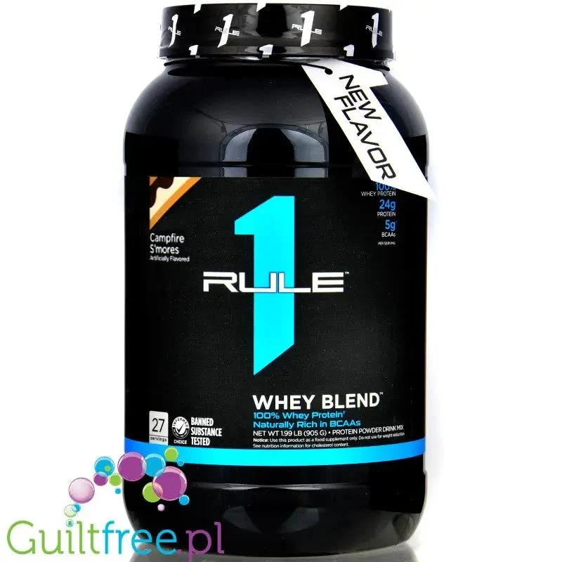 Rule1 R1 Whey Blend Campfire S'mores 0,9KG - odżywka białkowa z WPI, WPH i WPC, 130kcal & 24g białka
