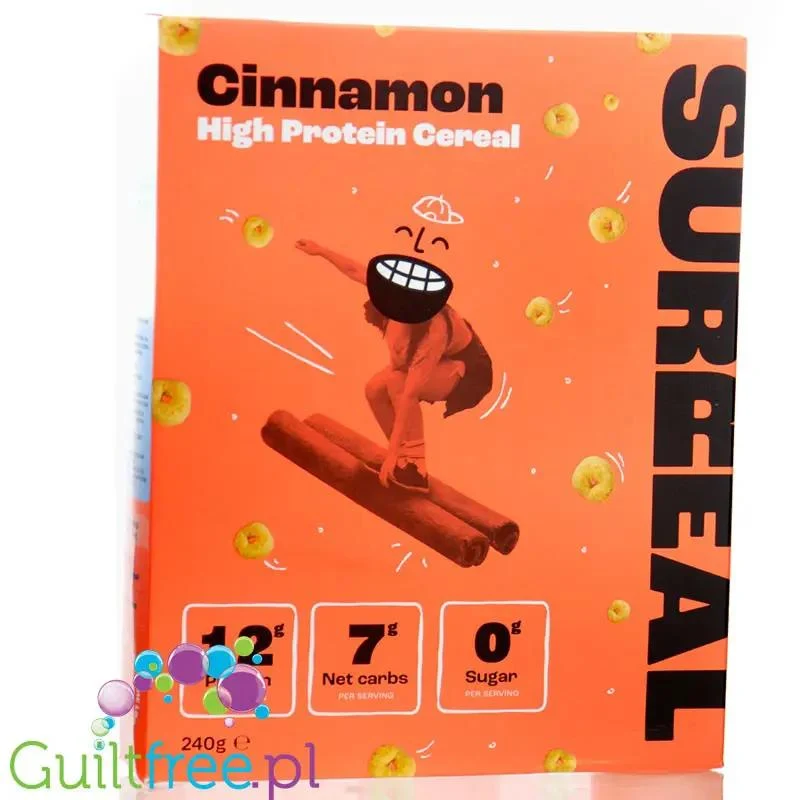 Surreal High Protein Cereals Cinnamon - proteinowe płatki śniadaniowe bez cukru ze stewią i erytrolem, kółeczka cynamonowe
