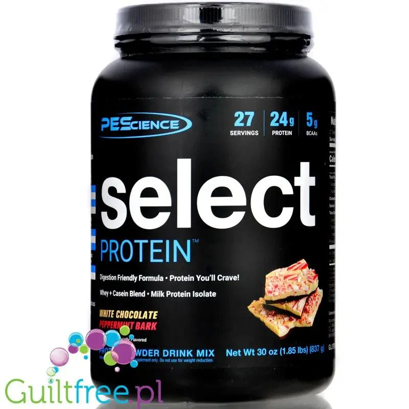 PEScience Select Protein White Chocolate Peppermint Bark - odżywka białkowa 24g białka w 120kcal, kazeina & izolat