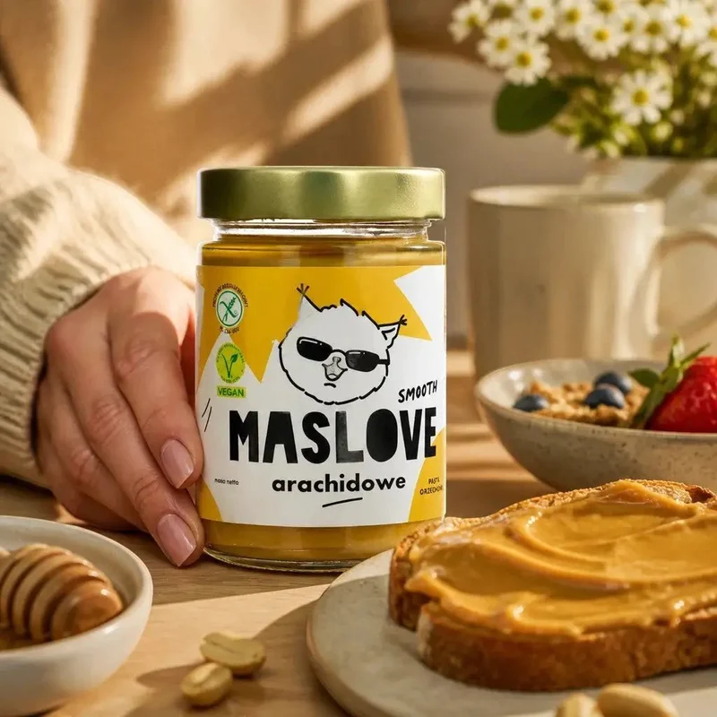 Maslove Arachidowe Smooth 290g gładko mielone masło orzechowe 100% orzechy, szklany słoik