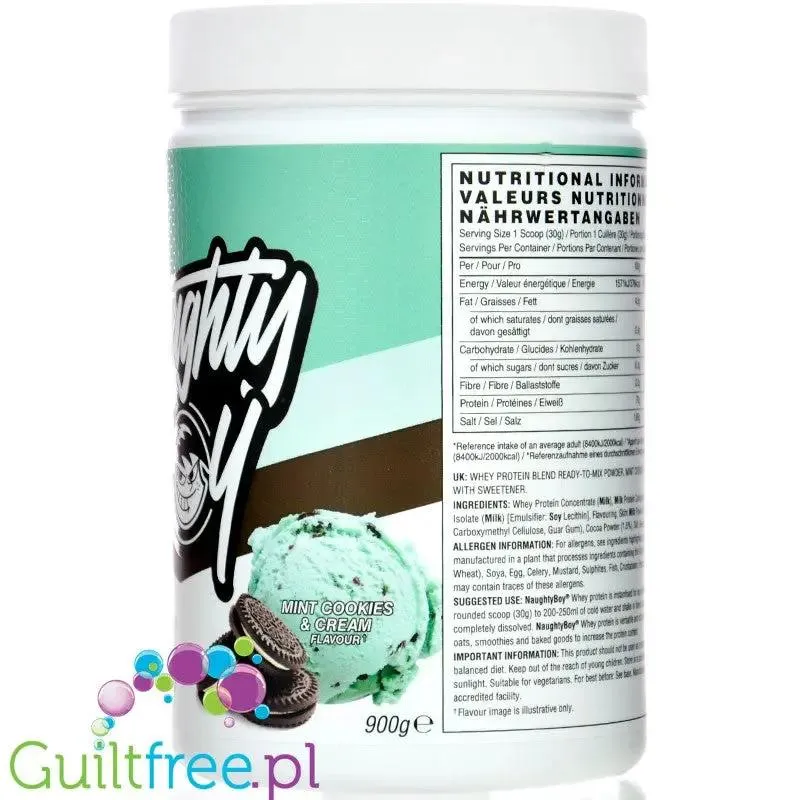 Naughty Boy Whey Protein Mint Cookies & Cream 900g - gęsta odżywka białkowa, Miętowe Ciasteczko z Kremem