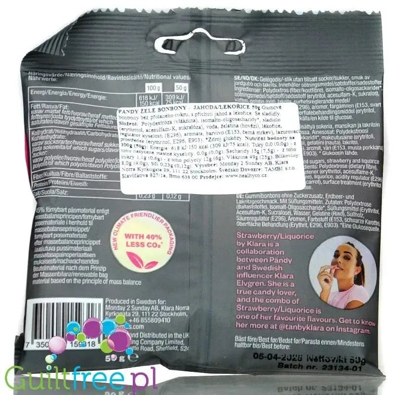 Pandy Candy Strawberry Liquorice - błonnikowe żelki bez cukru 45% mniej kalorii, Lukrecja Truskawkowa