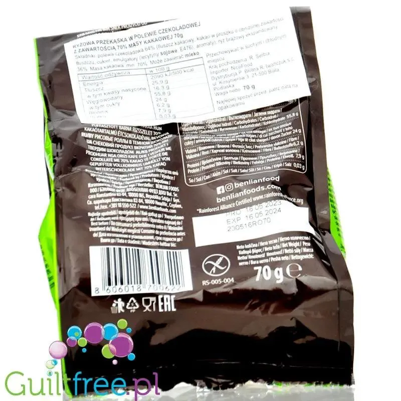 Benlian Rocky Rolls Choco 70% - bezglutenowe wafle ryżowe z brązowego ryżu w ciemnej czekoladzie