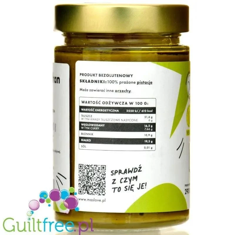 Maslove Pistacjowe Super Smooth 290g - wegańska bezglutenowa miazga z prażonych pistacji 100%