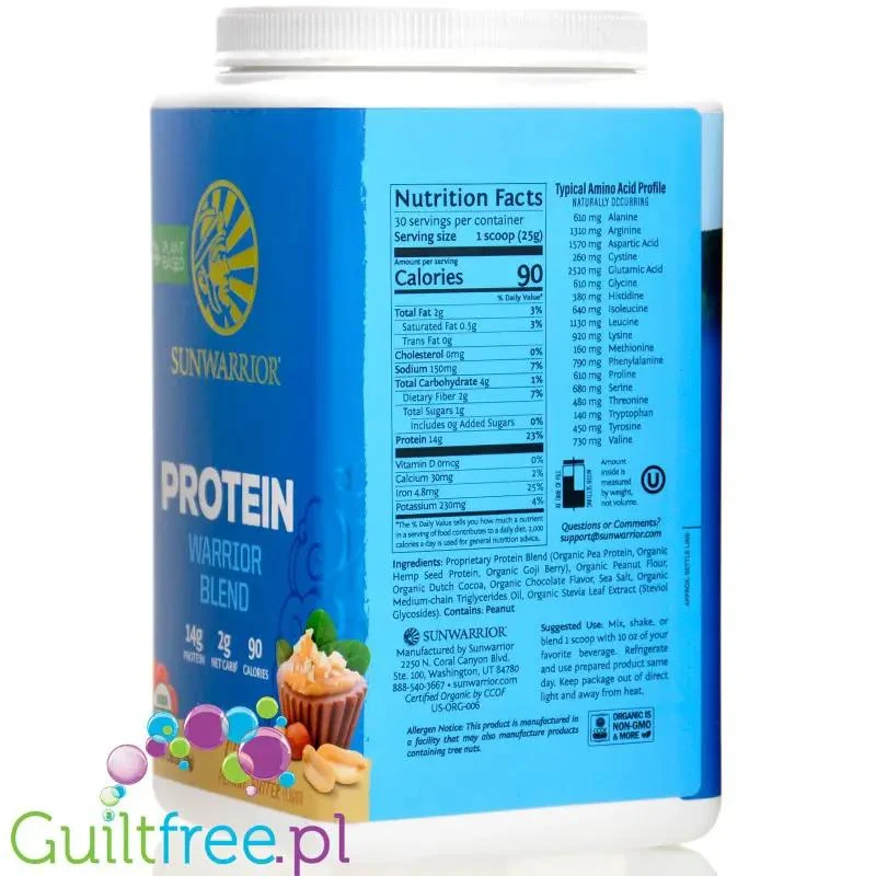 Sunwarrior Protein Warrior Blend Chocolate Peanut Butter 0,75kg - wegańska organiczna odżywka białkowa z goji i MCT