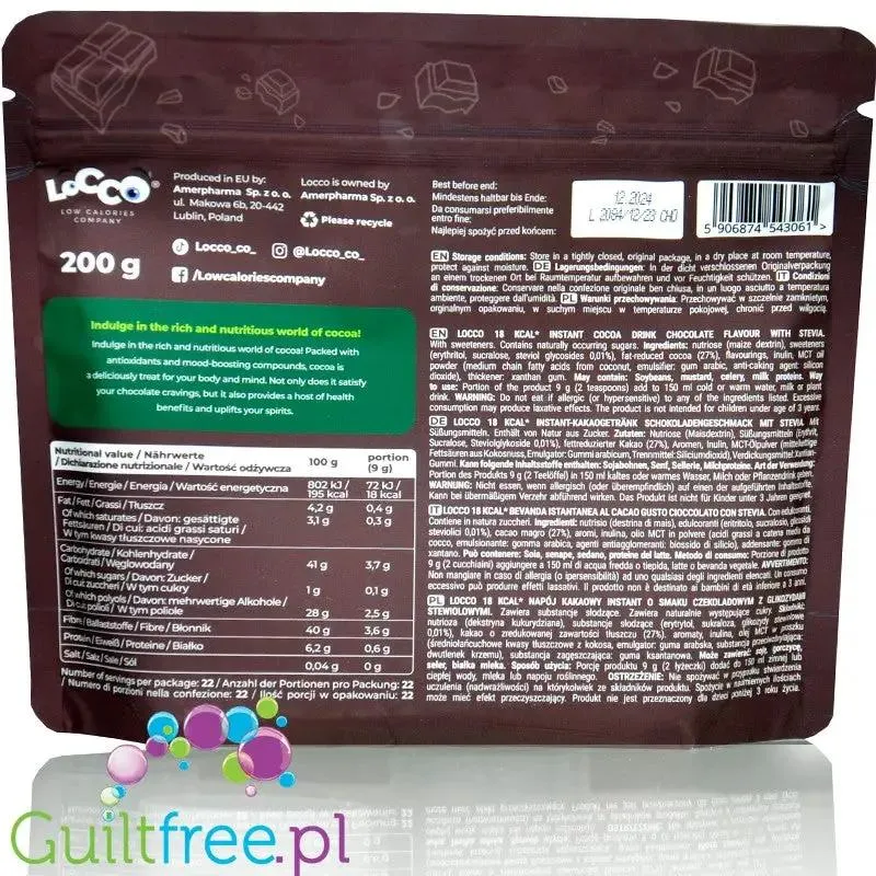 Locco Cocoa Chocolate Classic 18kcal - wegański napój kakaowy bez cukru, instant, o smaku czekoladowym