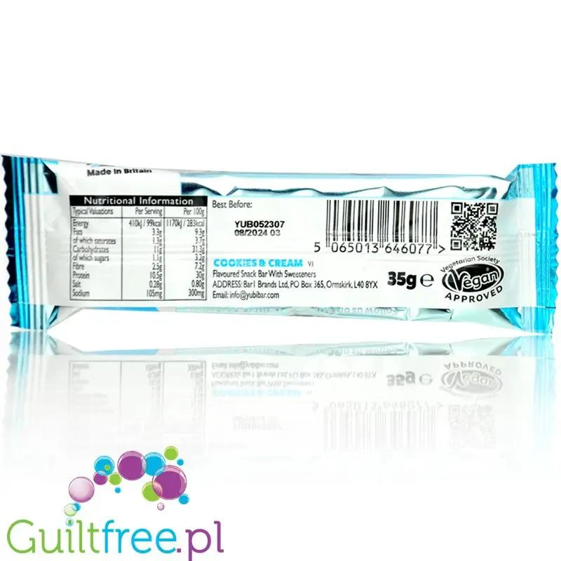 YuBi Bar Protein Bar Cookies & Cream 99kcal - wegański baton proteinowy bez cukru 10g białka