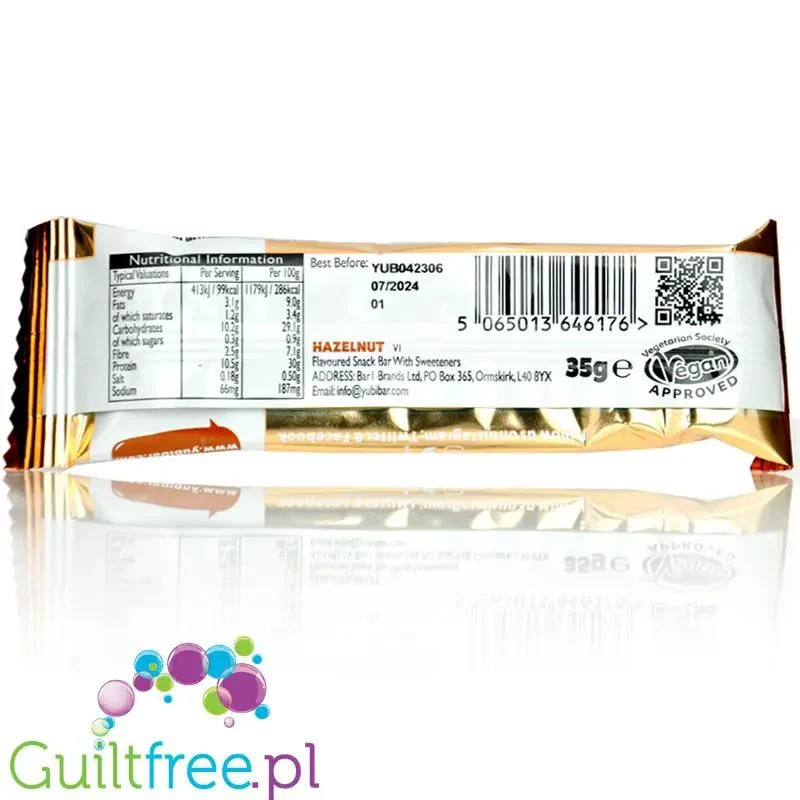 YuBi Bar Protein Bar Hazelnut 99kcal - wegański baton proteinowy bez cukru 10g białka