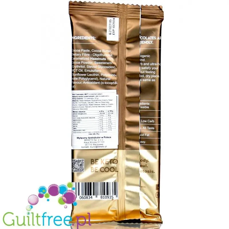 BeKeto™ 70% Cocoa Vegan Caramelized Hazelnut - wegańska ketogeniczna czekolada bez dodatku cukru z orzechami laskowymi