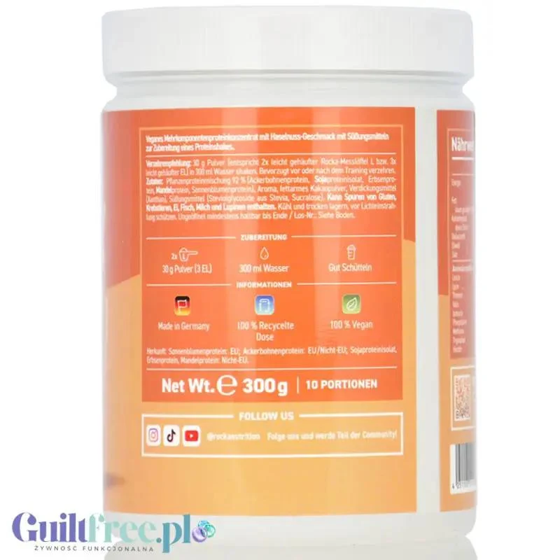 Rocka Nutrition Protein Shake Hazelnut Cream 300g - wegańska odżywka białkowa 5 źródeł białka, bez glutenu i orzechów