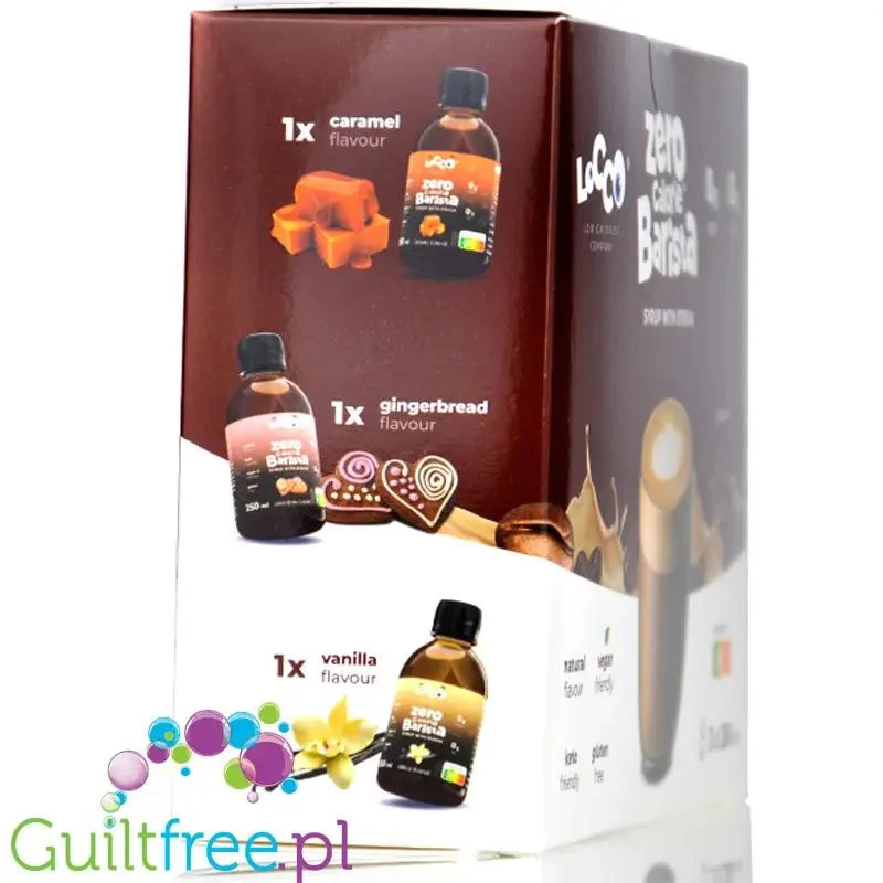 Locco Zero Calorie Barista Sampler Box 3 x 250ml - zestaw koneserski, syrop zero do kawy bez cukru, Wanilia, Karmel & Piernik