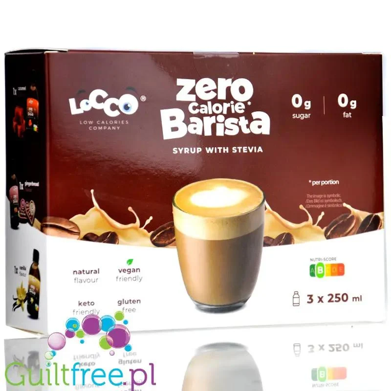 Locco Zero Calorie Barista Sampler Box 3 x 250ml - zestaw koneserski, syrop zero do kawy bez cukru, Wanilia, Karmel & Piernik