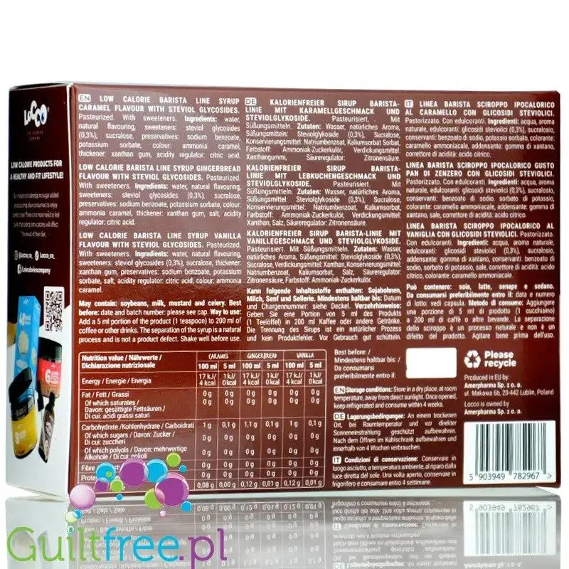 Locco Zero Calorie Barista Sampler Box 3 x 250ml - zestaw koneserski, syrop zero do kawy bez cukru, Wanilia, Karmel & Piernik