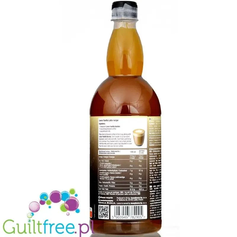 Locco Zero Calorie Barista Vanilla 1L - syrop zero kalorii do kawy bez cukru ze stewią, smak Wanilia