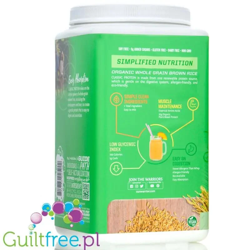 Sunwarrior Protein Classic Unflavored 0,75 KG - organiczna wegańska odżywka białkowa bez cukru i słodzików
