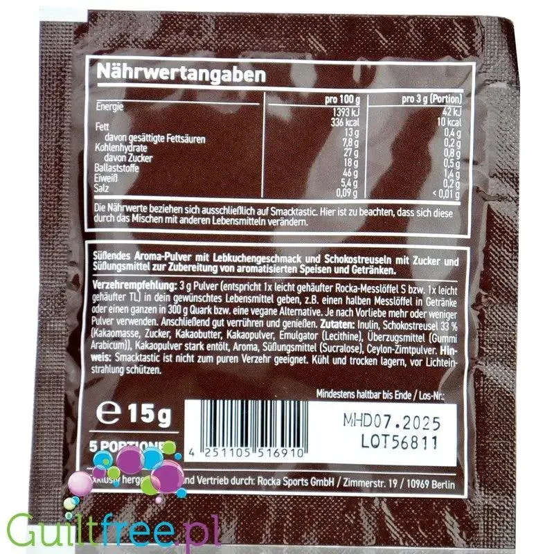 Rocka Nutrition Smacktastic Lebkuchen 15g - wegański słodzący aromat Pierników w czekoladzie