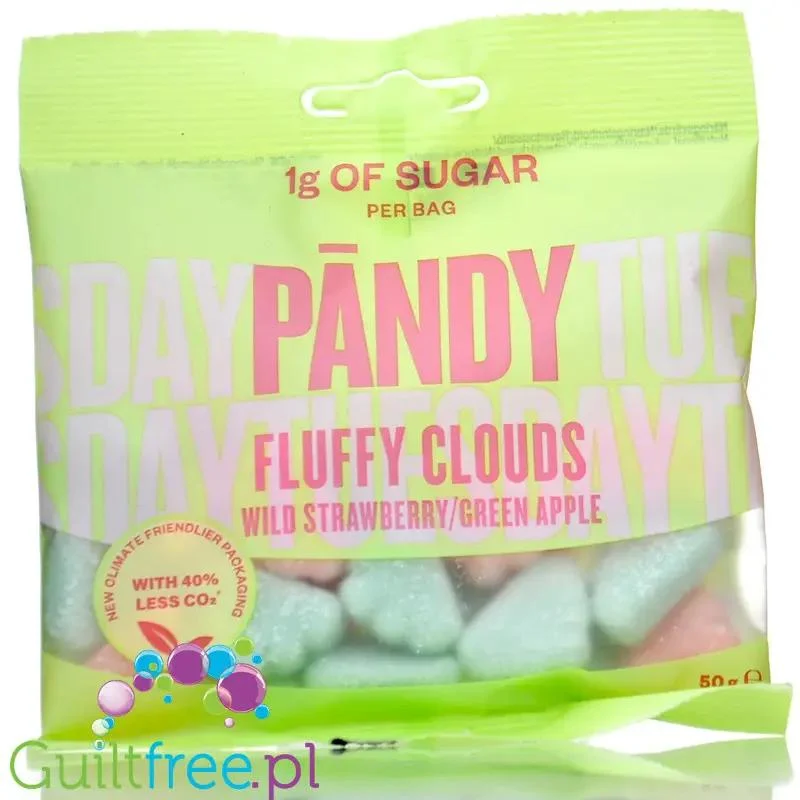 Pandy Candy Fluffy Clouds - błonnikowe żelki bez cukru 45% mniej kalorii, Poziomka & Zielone Jabłko