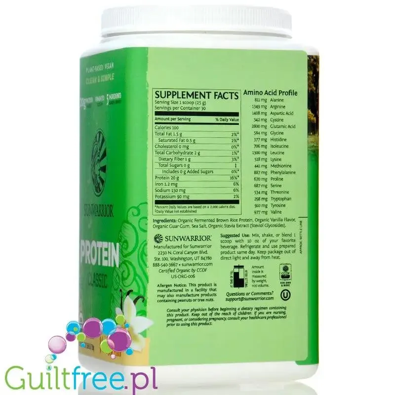 Sunwarrior Protein Classic Vanilla 0,75KG - organiczna wegańska odżywka białkowa ze stewią