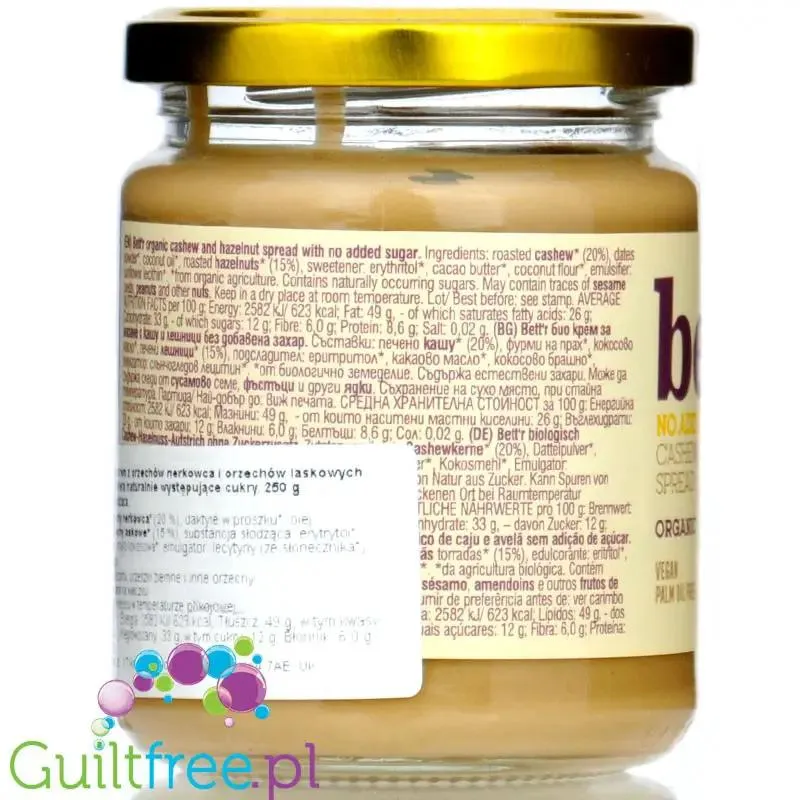 Bett'r Cashew Hazelnut Spread - wegański bio krem z prażonych nerkowców i orzechów laskowych bez dodatku cukru