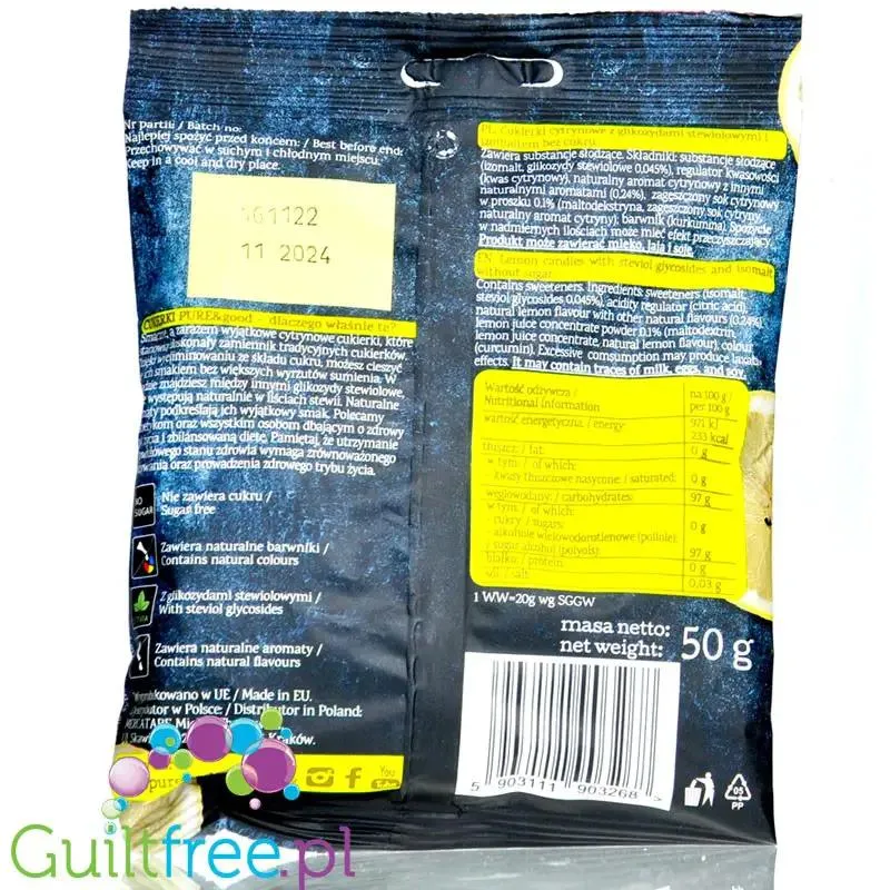 Pure & Good Lemon - cytrynowe cukierki bez cukru ze stewią