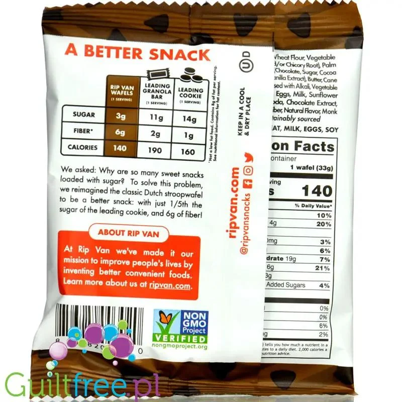 Rip Van Wafels Chocolate Brownie 140kcal - holenderski stroopwafel 80% mniej cukru, smak czekoladowego brownie