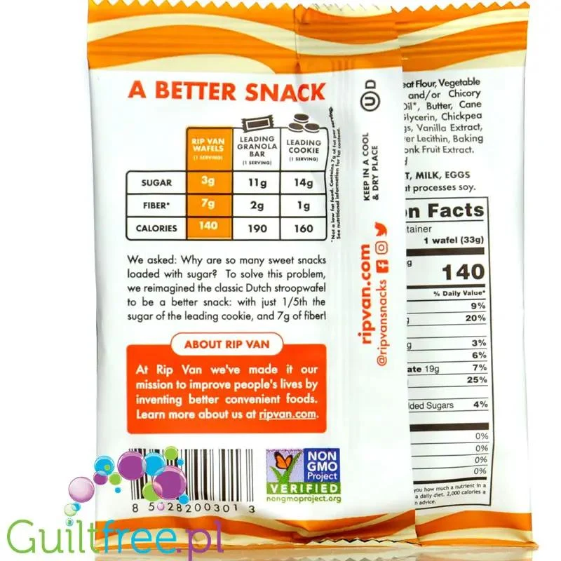Rip Van Wafels Dutch Caramel & Vanilla 140kcal - holenderski stroopwafel 80% mniej cukru, smak karmelowo-waniliowym