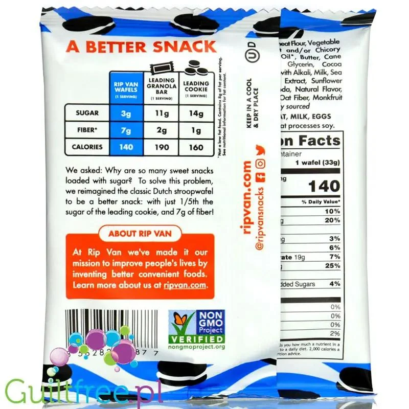 Rip Van Wafels Cookies & Cream 140kcal - holenderski stroopwafel 80% mniej cukru, smak ciastka z kremem