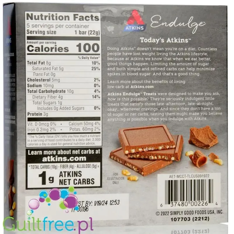 Atkins Endulge Dessert Crunchalicious Bar PUDEŁKO x 5 BATONÓW - czekoladowe batoniki po 100kcal,
