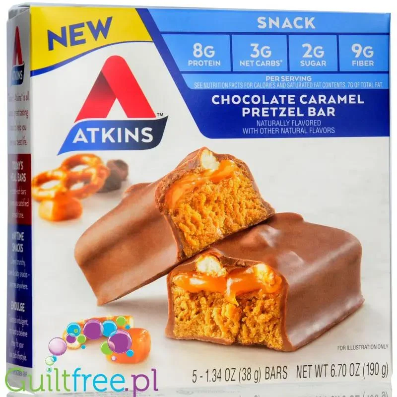 Atkins Snack Chocolate Caramel Pretzel PUDEŁKO x 5 batonów - niskocukrowy baton 150kcal & 8g białka