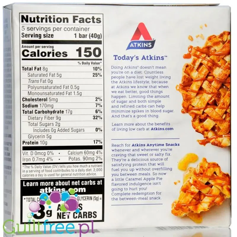 Atkins Snack Caramel Apple Pie PUDEŁKO x 5 batonów - baton proteinowy 150kcal & 10g białka bez maltitolu