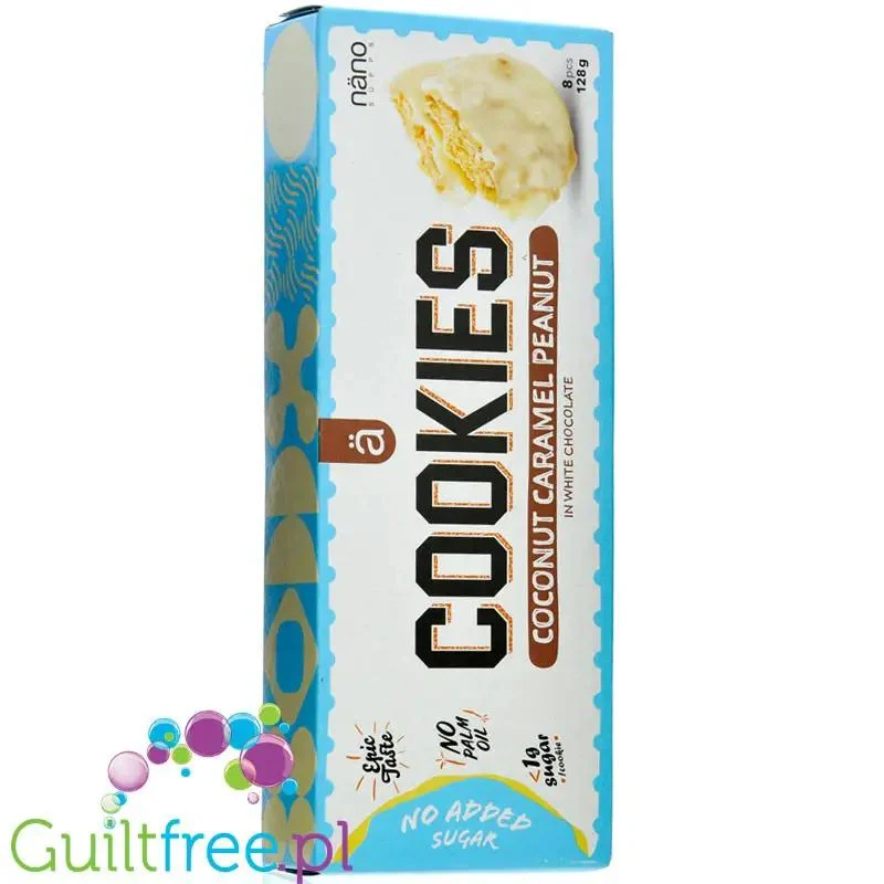 Nano Ä Coconut Caramel Peanut Cookies - ciastka karmelowo-kokosowe bez cukru w białej czekoladzie z orzechami ziemnymi