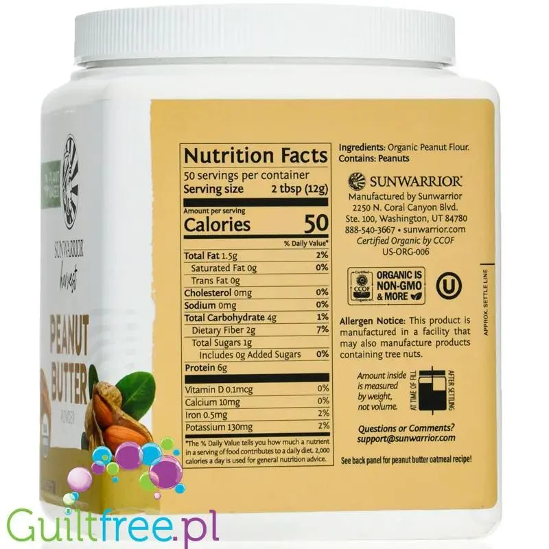 Sunwarrior Harvest Peanut Butter 0,6KG - organiczne odtłuszczone masło orzechowe w proszku 50% białka