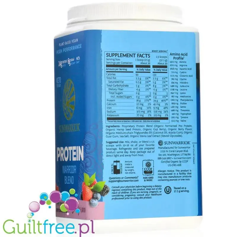 Sunwarrior Protein Warrior Blend 0,75kg, Berry - wegańska organiczna odżywka białkowa z goji i MCT