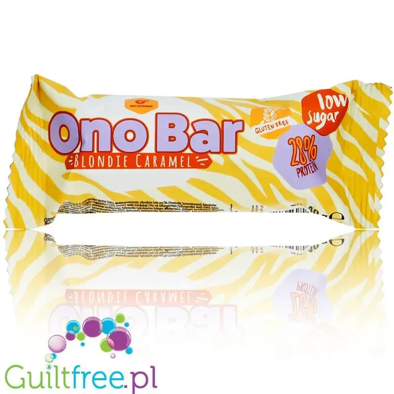 Go Fitness Ono Bar Blondie Caramel - bezglutenowy wafelek a la Bueno w białej czekoladzie z karmelem, 10g białka