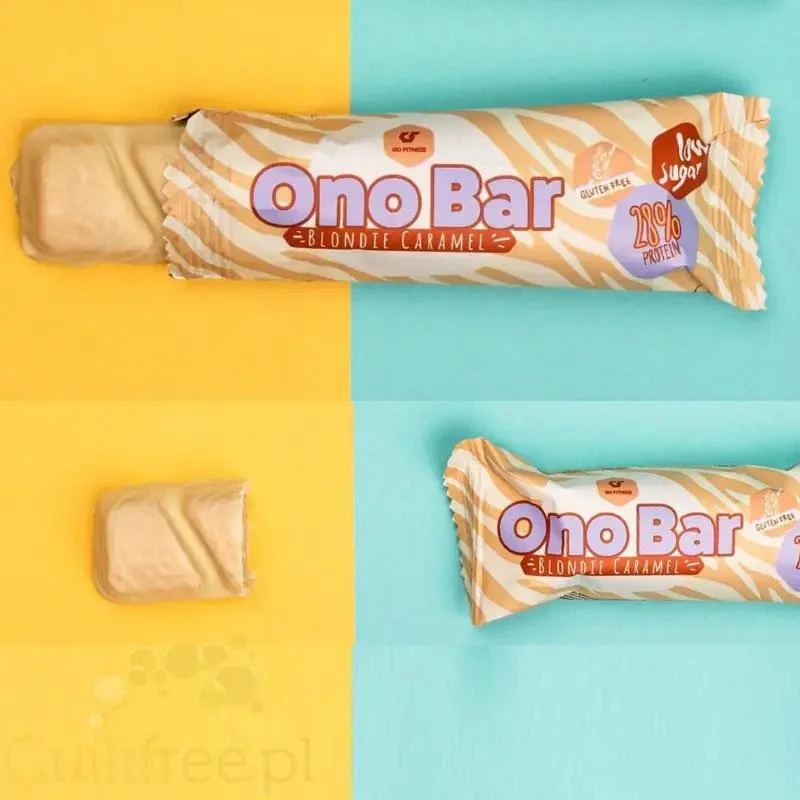 Go Fitness Ono Bar Blondie Caramel - bezglutenowy wafelek a la Bueno w białej czekoladzie z karmelem, 10g białka