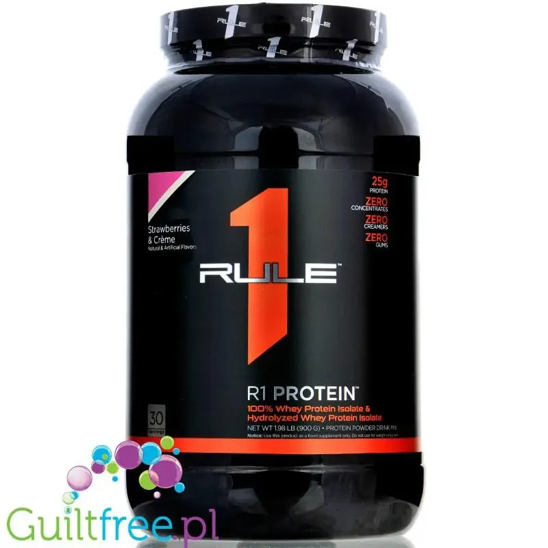 Rule1 R1 Protein Strawberries & Creme - beztłuszczowa odżywka białkowa WPI & WPH, 0,9KG