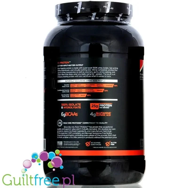 Rule1 R1 Protein Strawberries & Creme - beztłuszczowa odżywka białkowa WPI & WPH, 0,9KG