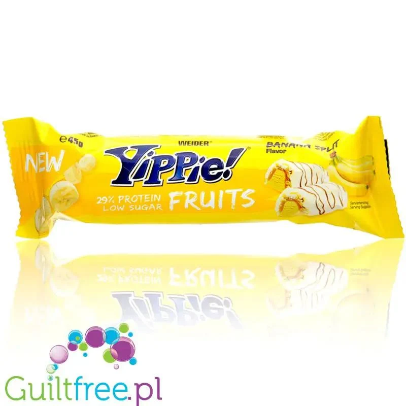 Yippie! Bar Fruits, Banana Split, baton proteinowy 174kcal & 13g białka, Banan, Karmel & Biała Czekolada