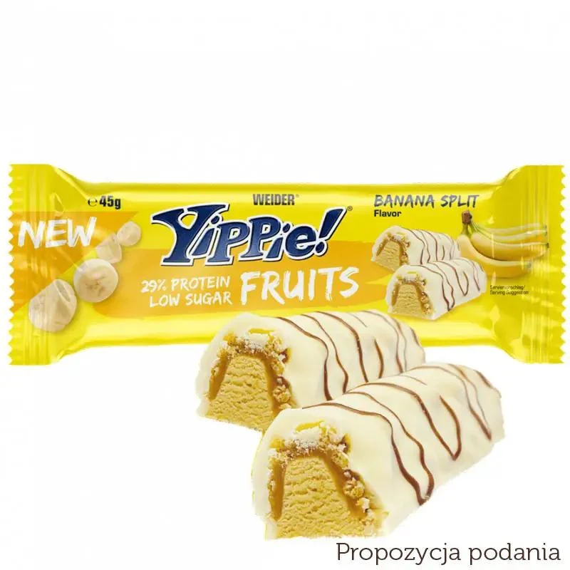 Yippie! Bar Fruits, Banana Split, baton proteinowy 174kcal & 13g białka, Banan, Karmel & Biała Czekolada