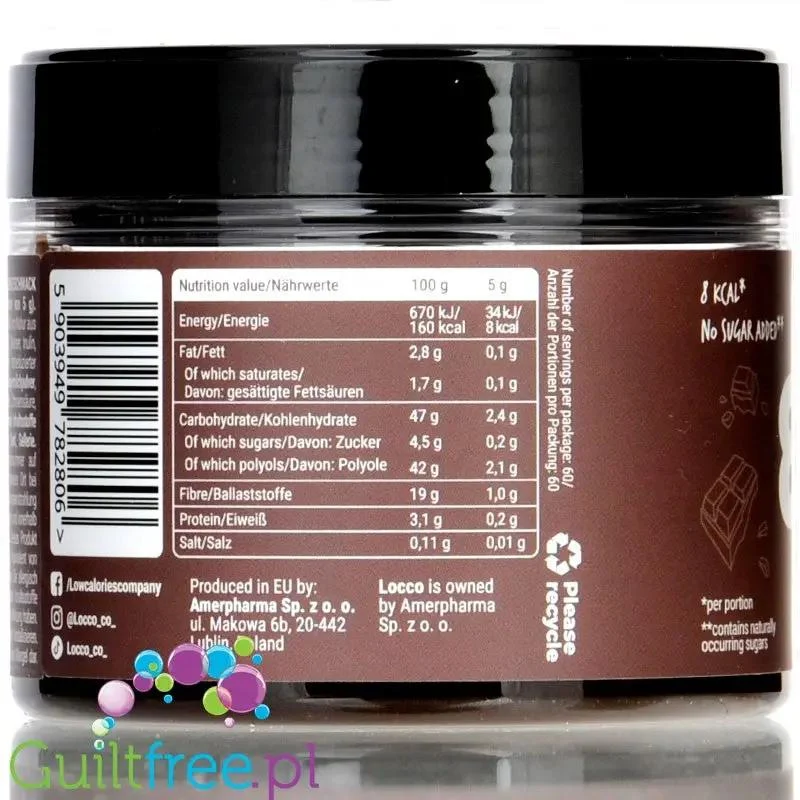 Locco Chocolate Spread 160kcal - niskotłuszczowy krem do smarowania bez cukru, Ciemna Czekolada