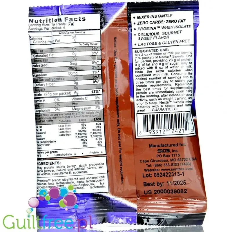 Syntrax Nectar Chocolate Truffle, saszetka - odżywka białkowa bez cukru i bez tłuszczu