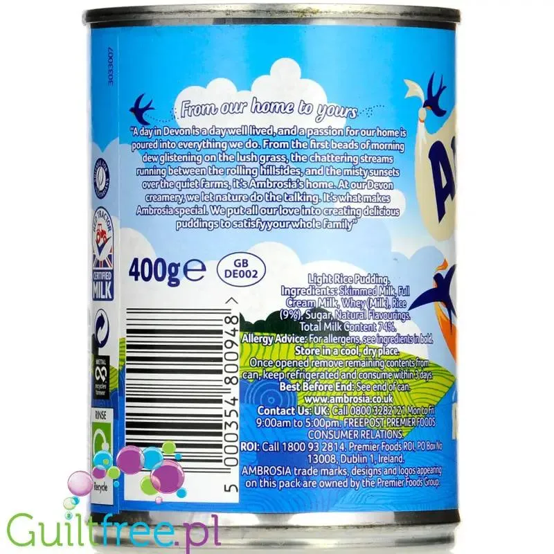Ambrosia Rice Pudding Light - gotowy pudding ryżowy 30% mniej cukru & tłuszczu