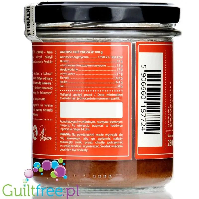 Organic House Daktynella Orzechy laskowe 280g - krem daktylowo-kokosowy z orzechami laskowymi bez dodatku cukru,