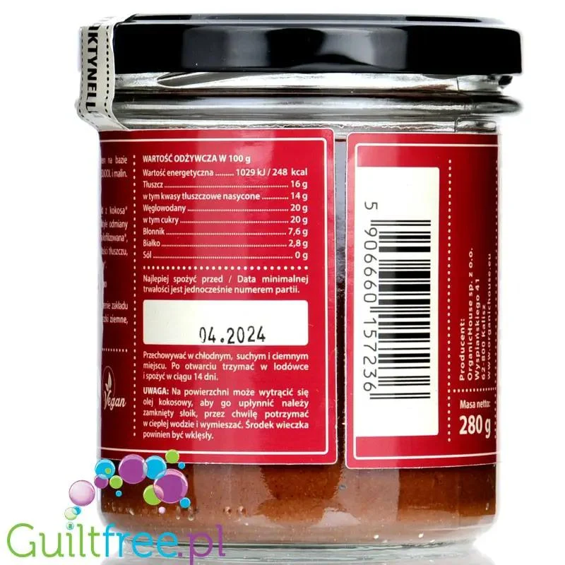 Organic House Daktynella Malina 280g - malinowy krem daktylowo-kokosowy bez dodatku cukru, wegański & organiczny