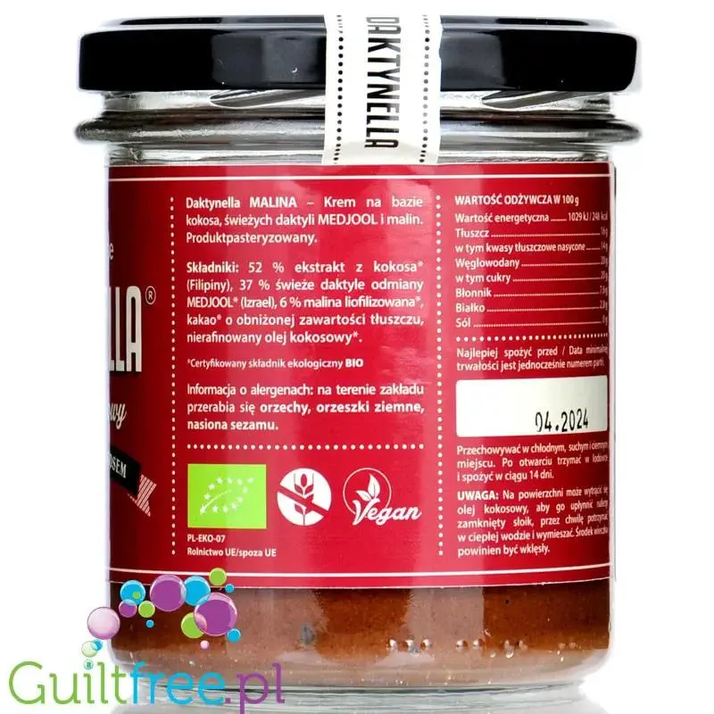 Organic House Daktynella Malina 280g - malinowy krem daktylowo-kokosowy bez dodatku cukru, wegański & organiczny