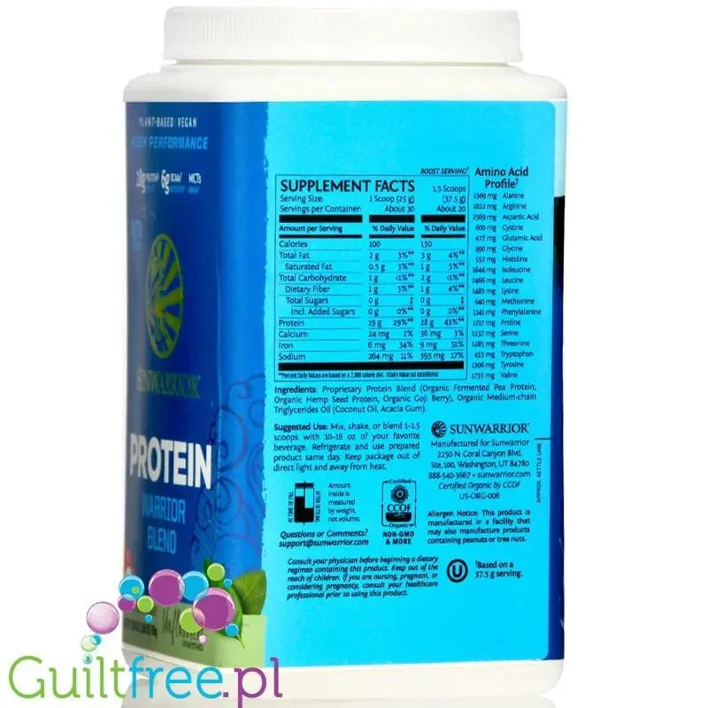 Sunwarrior Protein Warrior Blend 0,75kg, Mocha - wegańska organiczna odżywka białkowa z goji i MCT